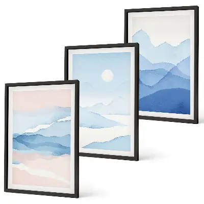 Blue pink mountains watercolor wall art set of 3 framed pieces