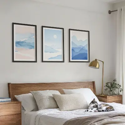 Blue pink mountains watercolor wall art set of 3 framed pieces