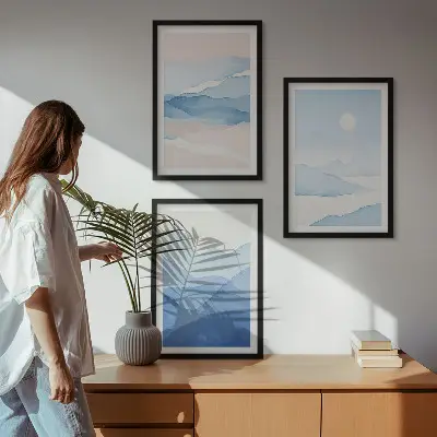 Blue pink mountains watercolor wall art set of 3 framed pieces