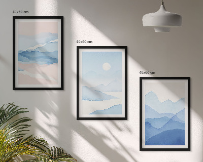 Set of 3 framed wall art pieces Blue pink mountains watercolor