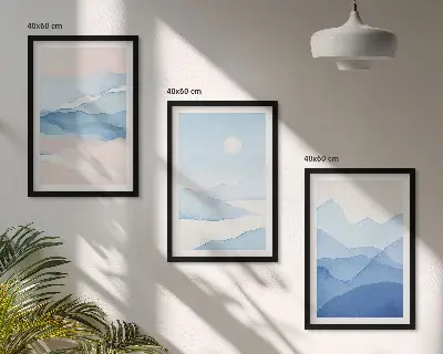 Blue pink mountains watercolor wall art set of 3 framed pieces