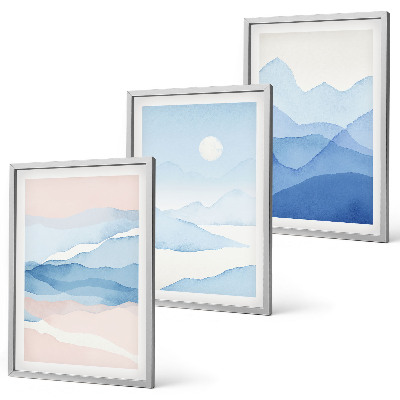 Set of 3 framed wall art pieces Blue pink mountains watercolor