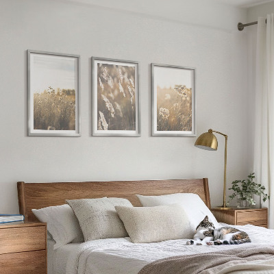 Set of 3 framed wall art pieces Landscape grass flowers warmth