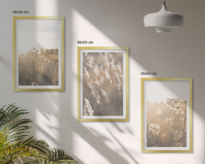 Set of 3 framed wall art pieces Landscape grass flowers warmth