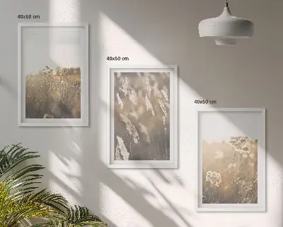 Set of 3 framed landscape wall art pieces featuring grass and flowers with a warm aesthetic
