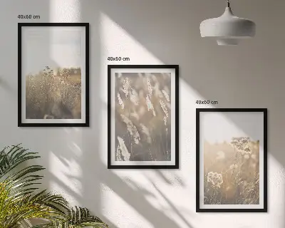 Set of 3 framed landscape wall art pieces featuring grass and flowers with a warm aesthetic