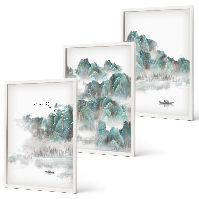 Three-piece wall art piece Mountains, clouds, birds, boat, japandi