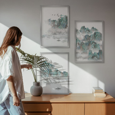 Three-piece wall art piece Mountains, clouds, birds, boat, japandi
