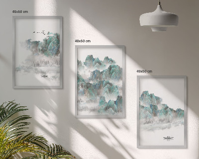 Three-piece wall art piece Mountains, clouds, birds, boat, japandi