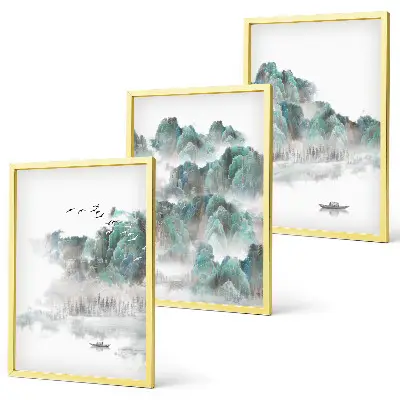 Three-piece wall art set featuring mountains, clouds, birds, and a boat in a Japandi style