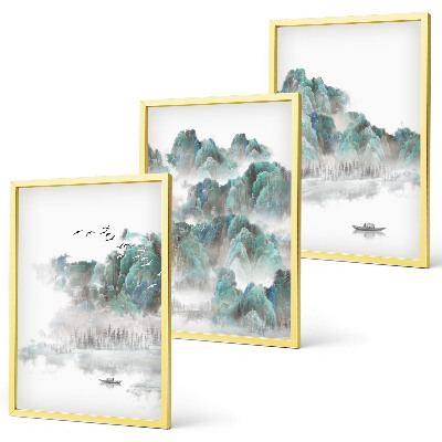 Three-piece wall art piece Mountains, clouds, birds, boat, japandi