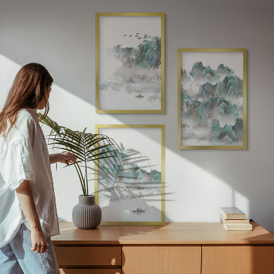 Three-piece wall art piece Mountains, clouds, birds, boat, japandi