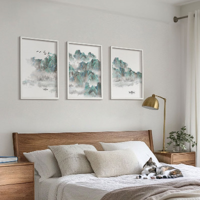 Three-piece wall art piece Mountains, clouds, birds, boat, japandi