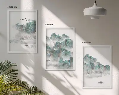 Three-piece wall art set featuring mountains, clouds, birds, and a boat in a Japandi style