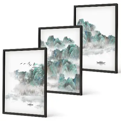 Three-piece wall art set featuring mountains, clouds, birds, and a boat in a Japandi style