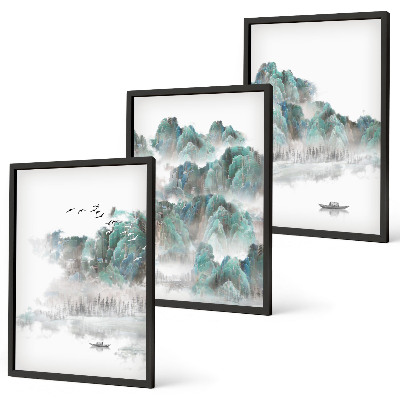 Three-piece wall art piece Mountains, clouds, birds, boat, japandi