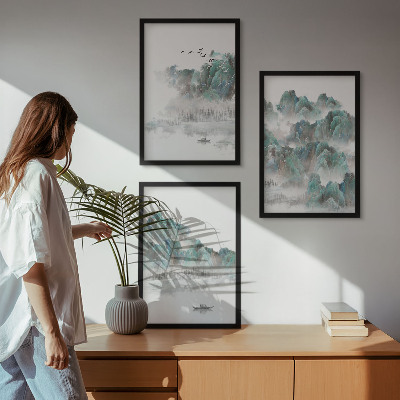Three-piece wall art piece Mountains, clouds, birds, boat, japandi