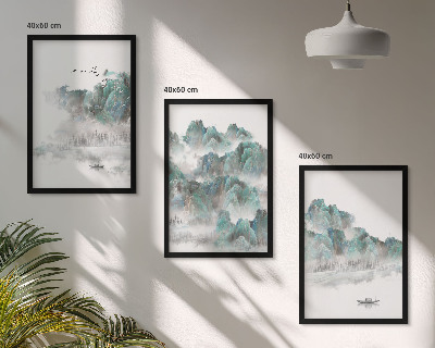 Three-piece wall art piece Mountains, clouds, birds, boat, japandi