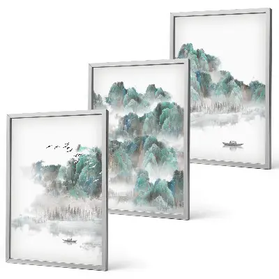 Three-piece wall art set featuring mountains, clouds, birds, and a boat in a Japandi style