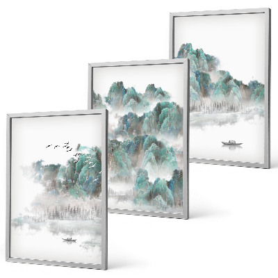 Three-piece wall art piece Mountains, clouds, birds, boat, japandi