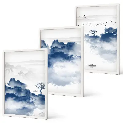 Set of 3 framed wall art pieces featuring mountains clouds trees and birds