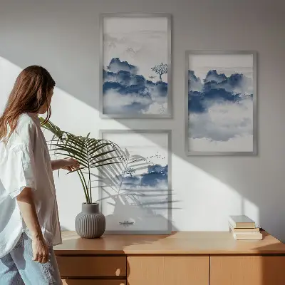 Set of 3 framed wall art pieces featuring mountains clouds trees and birds