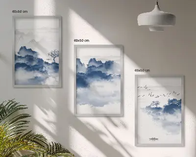 Set of 3 framed wall art pieces featuring mountains clouds trees and birds