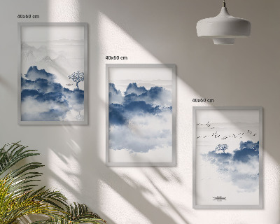 Set of 3 framed wall art pieces Mountains, clouds, trees, birds