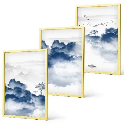 Set of 3 framed wall art pieces featuring mountains clouds trees and birds