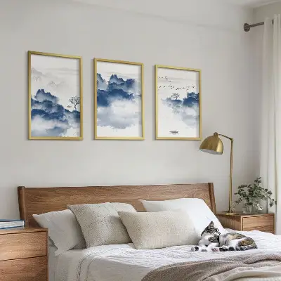 Set of 3 framed wall art pieces featuring mountains clouds trees and birds