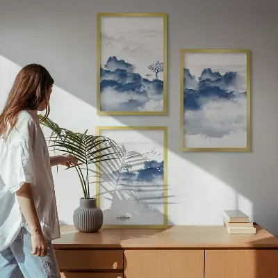 Set of 3 framed wall art pieces featuring mountains clouds trees and birds