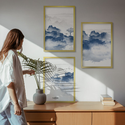 Set of 3 framed wall art pieces Mountains, clouds, trees, birds