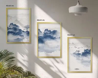 Set of 3 framed wall art pieces featuring mountains clouds trees and birds