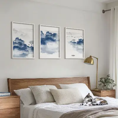 Set of 3 framed wall art pieces featuring mountains clouds trees and birds