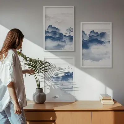 Set of 3 framed wall art pieces featuring mountains clouds trees and birds