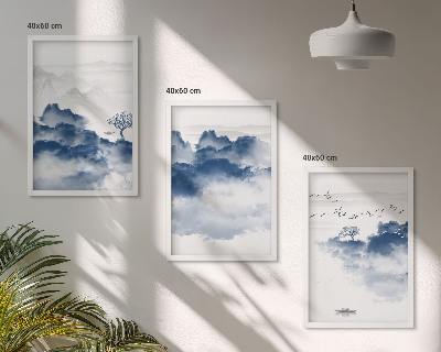 Set of 3 framed wall art pieces Mountains, clouds, trees, birds