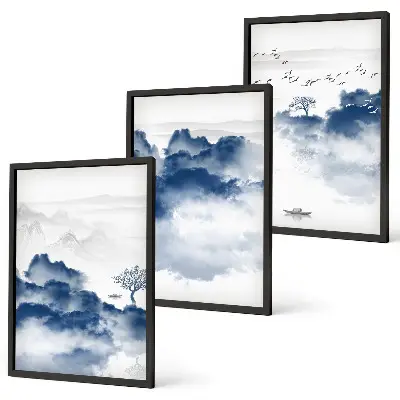Set of 3 framed wall art pieces featuring mountains clouds trees and birds