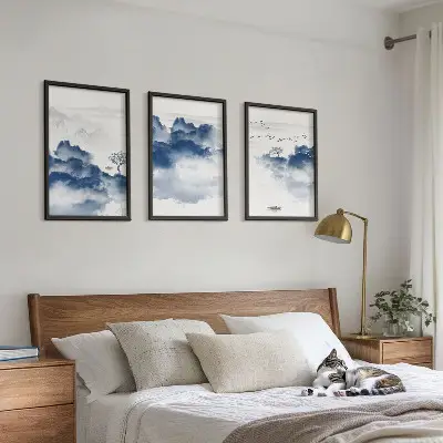 Set of 3 framed wall art pieces featuring mountains clouds trees and birds