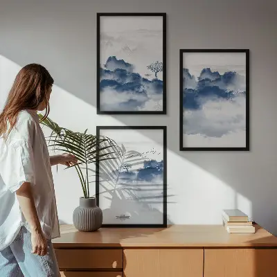 Set of 3 framed wall art pieces featuring mountains clouds trees and birds