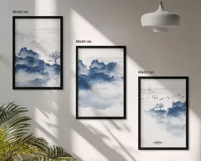 Set of 3 framed wall art pieces featuring mountains clouds trees and birds