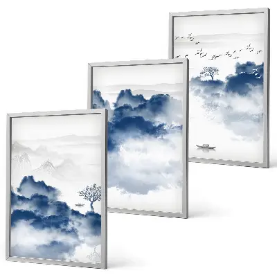 Set of 3 framed wall art pieces featuring mountains clouds trees and birds