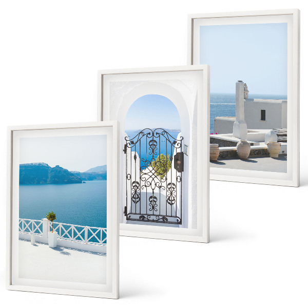Set of 3 framed wall art pieces White Sea buildings Greece
