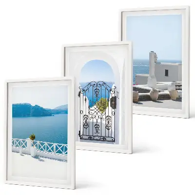 White Sea buildings Greece framed wall art set of 3 pieces