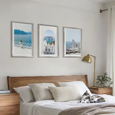 White Sea buildings Greece framed wall art set of 3 pieces
