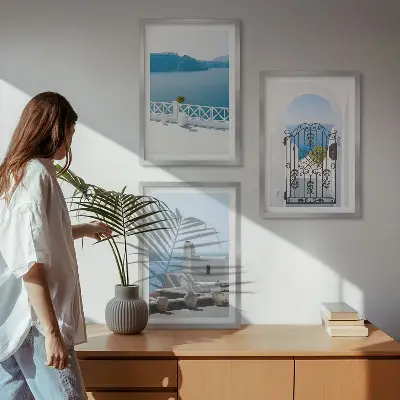 White Sea buildings Greece framed wall art set of 3 pieces