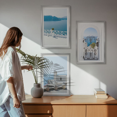 Set of 3 framed wall art pieces White Sea buildings Greece