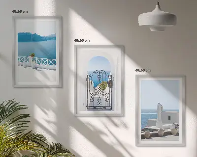 White Sea buildings Greece framed wall art set of 3 pieces