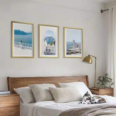 White Sea buildings Greece framed wall art set of 3 pieces