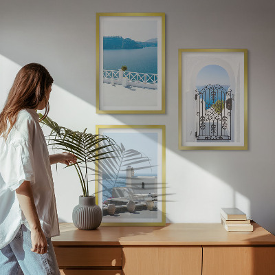Set of 3 framed wall art pieces White Sea buildings Greece