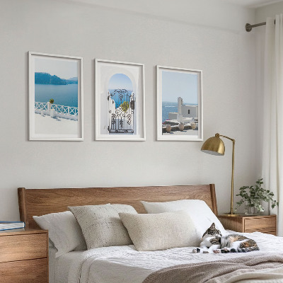 Set of 3 framed wall art pieces White Sea buildings Greece